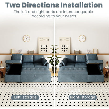 YODOLLA Faux Leather L-Shaped Sleeper Sofa, Pullout Bed, USB & Storage, Blue