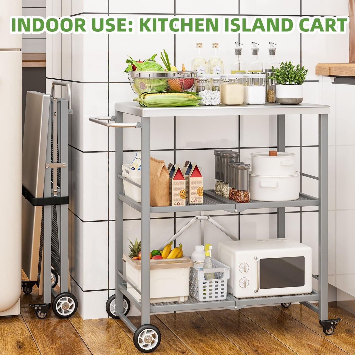 YODOLLA Foldable Stainless Steel Grill Cart Table with Wheels, Gray