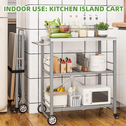 YODOLLA Foldable Stainless Steel Grill Cart Table with Wheels, Gray