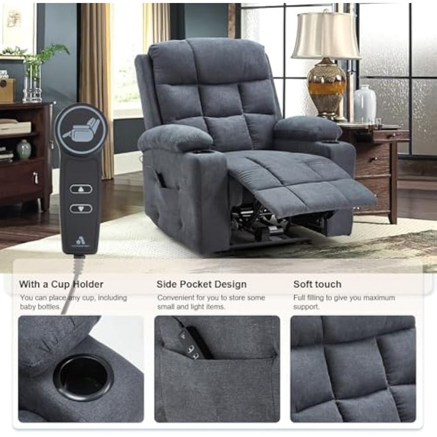 YODOLLA Wide Armrests Electric Recliner Nursery Chair, Linen Leather, Gray Blue