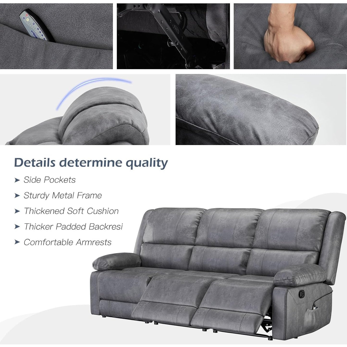 YODOLLA Reclining Sofa 3-Seater Couch, Gray