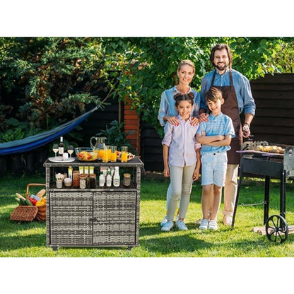 YODOLLA Outdoor Bar Cart with Storage Cabinet, Rattan Bar Table on Wheels