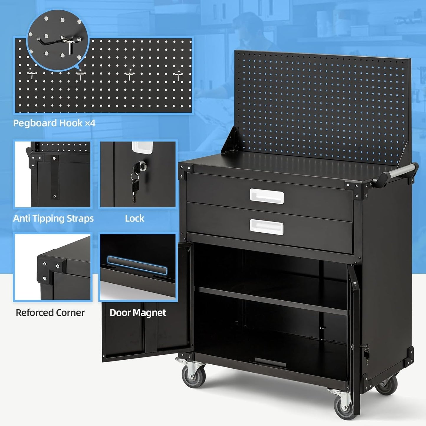 YODOLLA Rolling Tool Chest with Wheels 2 Drawers, White Handle