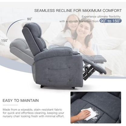 YODOLLA Wide Armrests Electric Recliner Nursery Chair, Linen Leather, Gray Blue