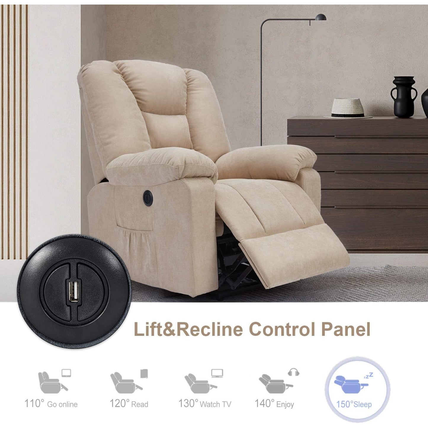 YODOLLA Massage Power Lift Recliner for Elderly, Electric Lift Chair, Textile, Beige