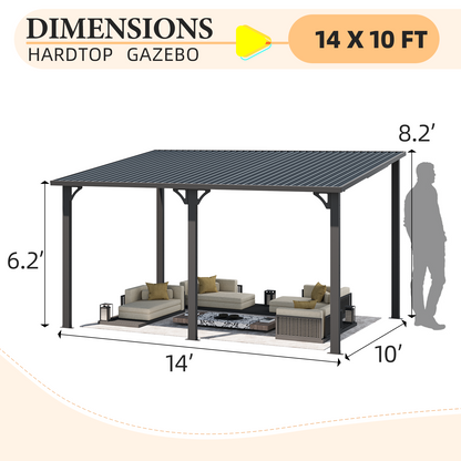 YODOLLA 14' x 10' Hard Top Lean to Gazebo Outdoor Pergola, Dark Grey