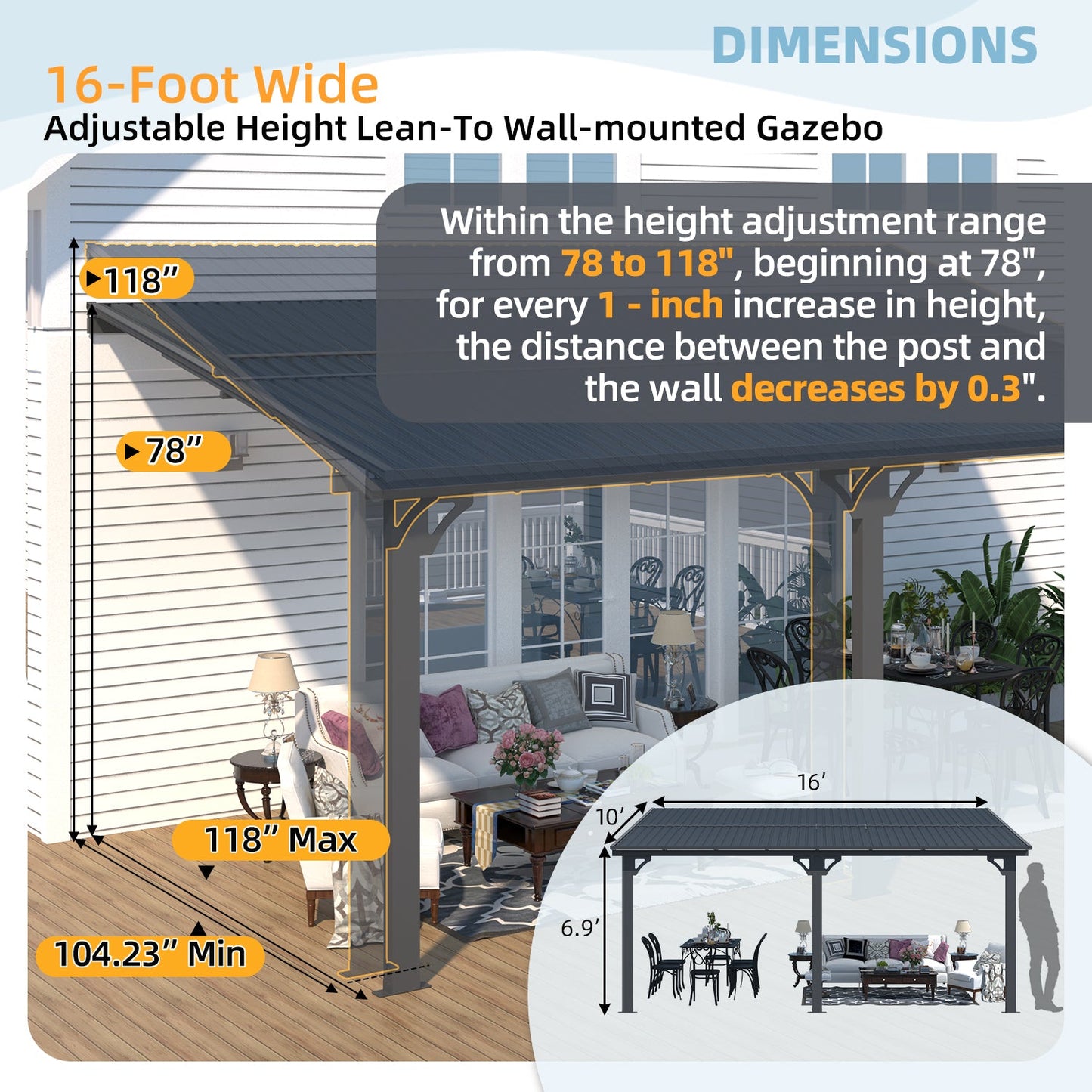 YODOLLA 10x16 Outdoor Hardtop Gazebo Adjustable Height (6.5-9.8Ft) Pergola