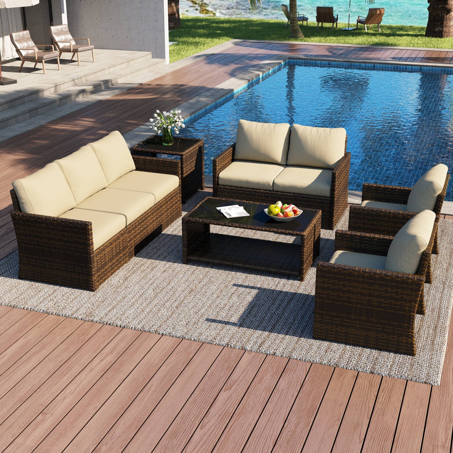 YODOLLA Patio Furniture Set with Two Table 7 PCS Outdoor Furniture, Brown Ranttan Beige Cushion