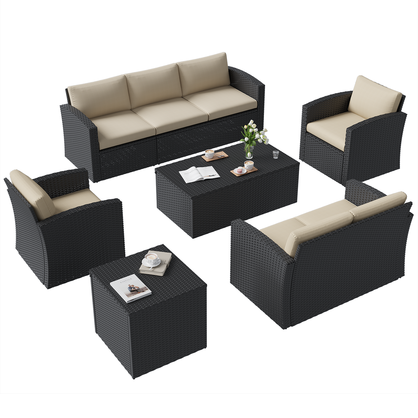 YODOLLA 7 PCS Outdoor Patio Furniture Sets with 2 Storage Boxes, Black & Beige