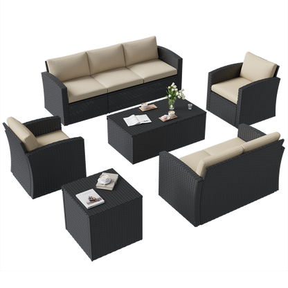 YODOLLA 7 PCS Outdoor Patio Furniture Sets with 2 Storage Boxes, Black & Beige