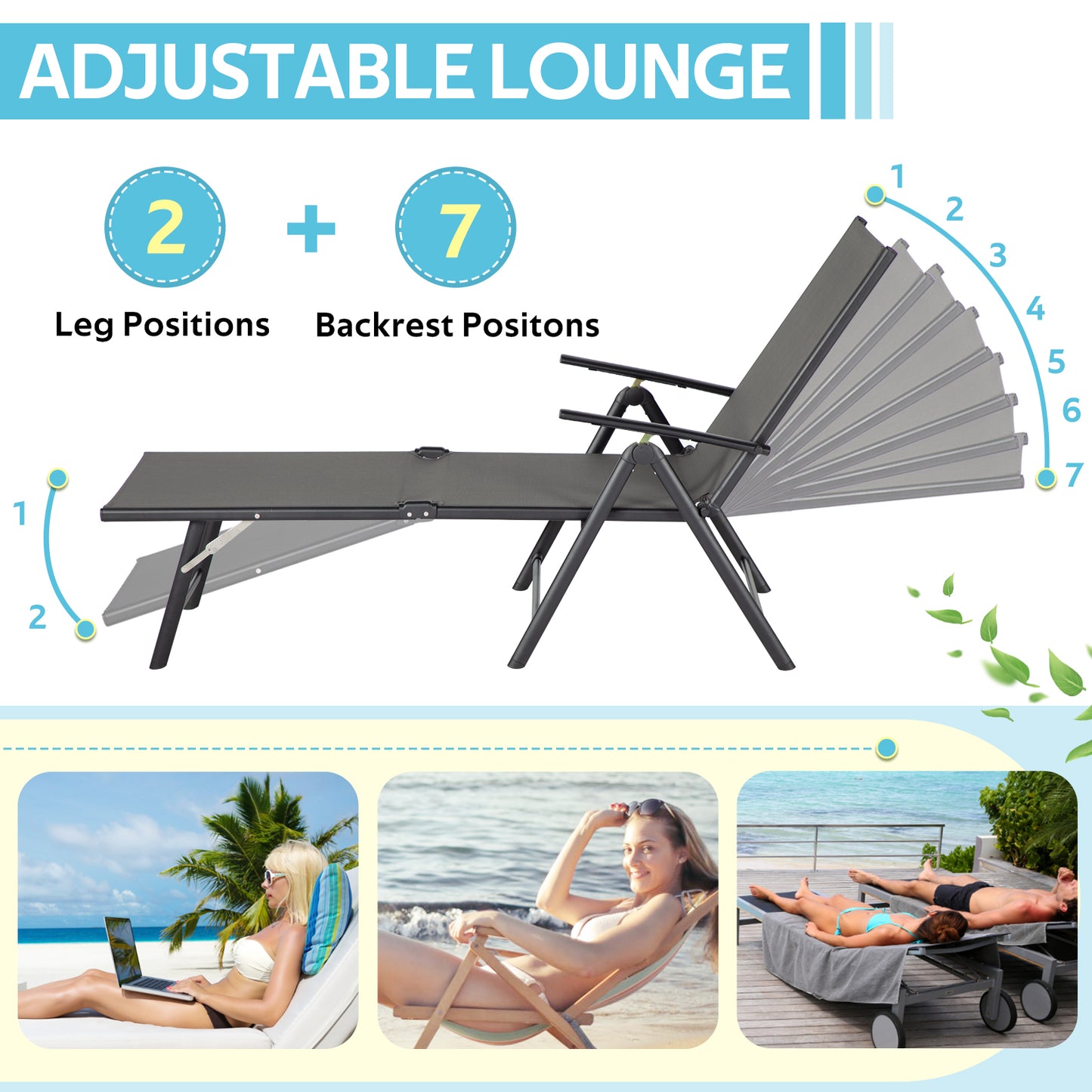 YODOLLA 7 Back & 2 Leg Adjustable Outdoor Chaise Lounge Chair Set of 2, Grey