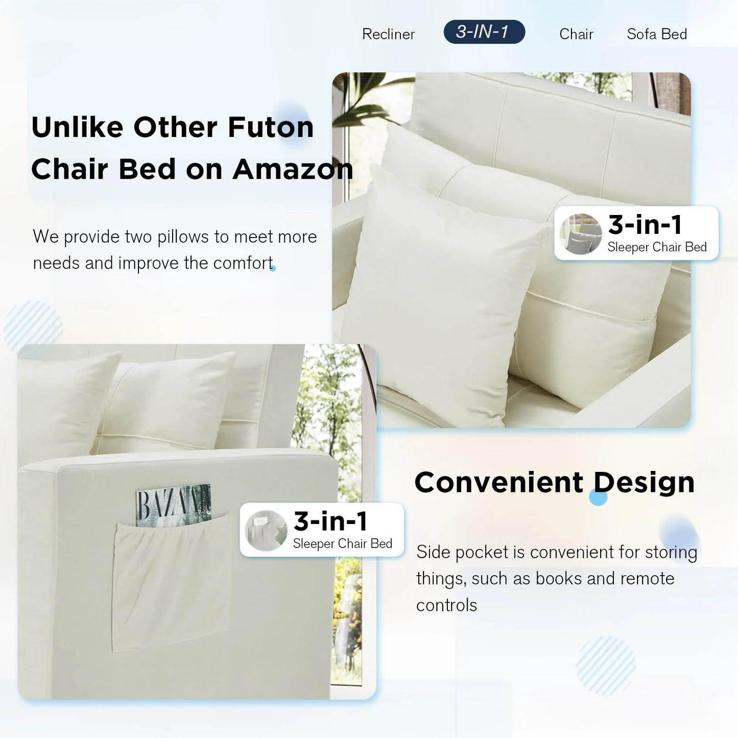 YODOLLA 36" Convertible Chair Bed, White