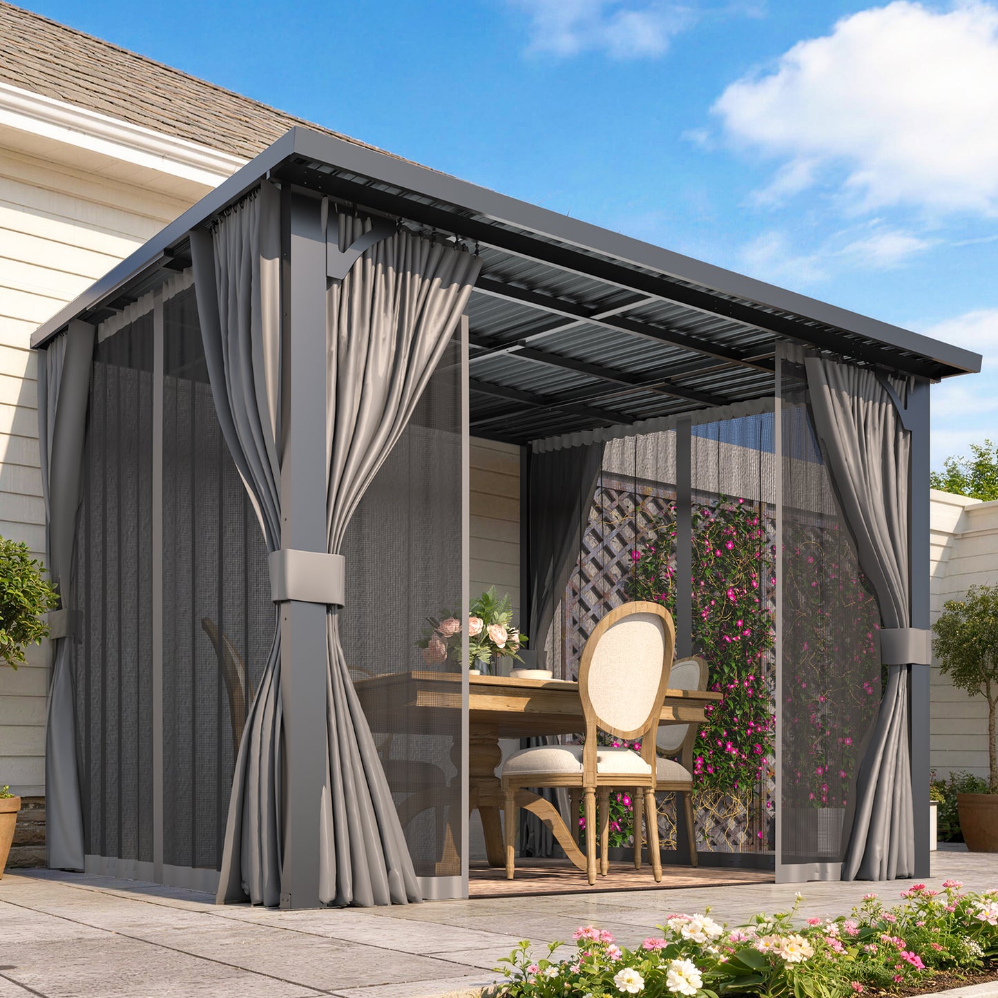 YODOLLA 10'x10' Outdoor Hardtop Gazebo Pergola with Curtains and Netting for Patio
