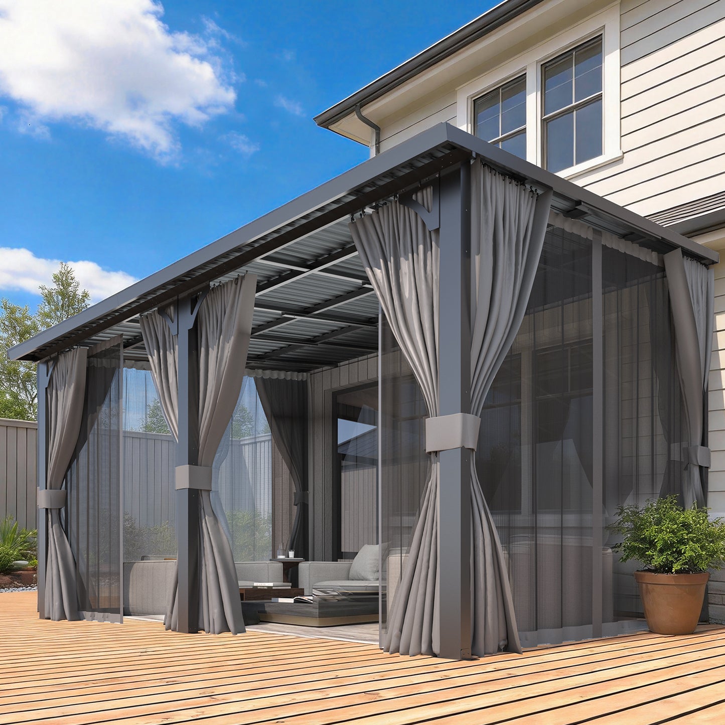 YODOLLA 14'x10' Outdoor Hardtop Gazebo Pergola with Curtains and Netting for Patio