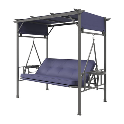 YODOLLA 2-in-1 Convertible Porch Swing Bed 3 Seat, Outdoor Patio Metal Pergola Swing
