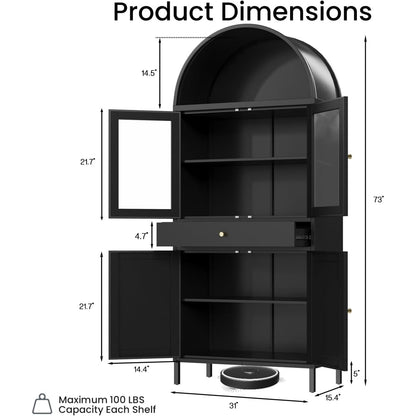 YODOLLA 73'' Kitchen Pantry, Metal Arched Storage Cabinet with Glass Doors/Adjustable Shelfs/Drawer