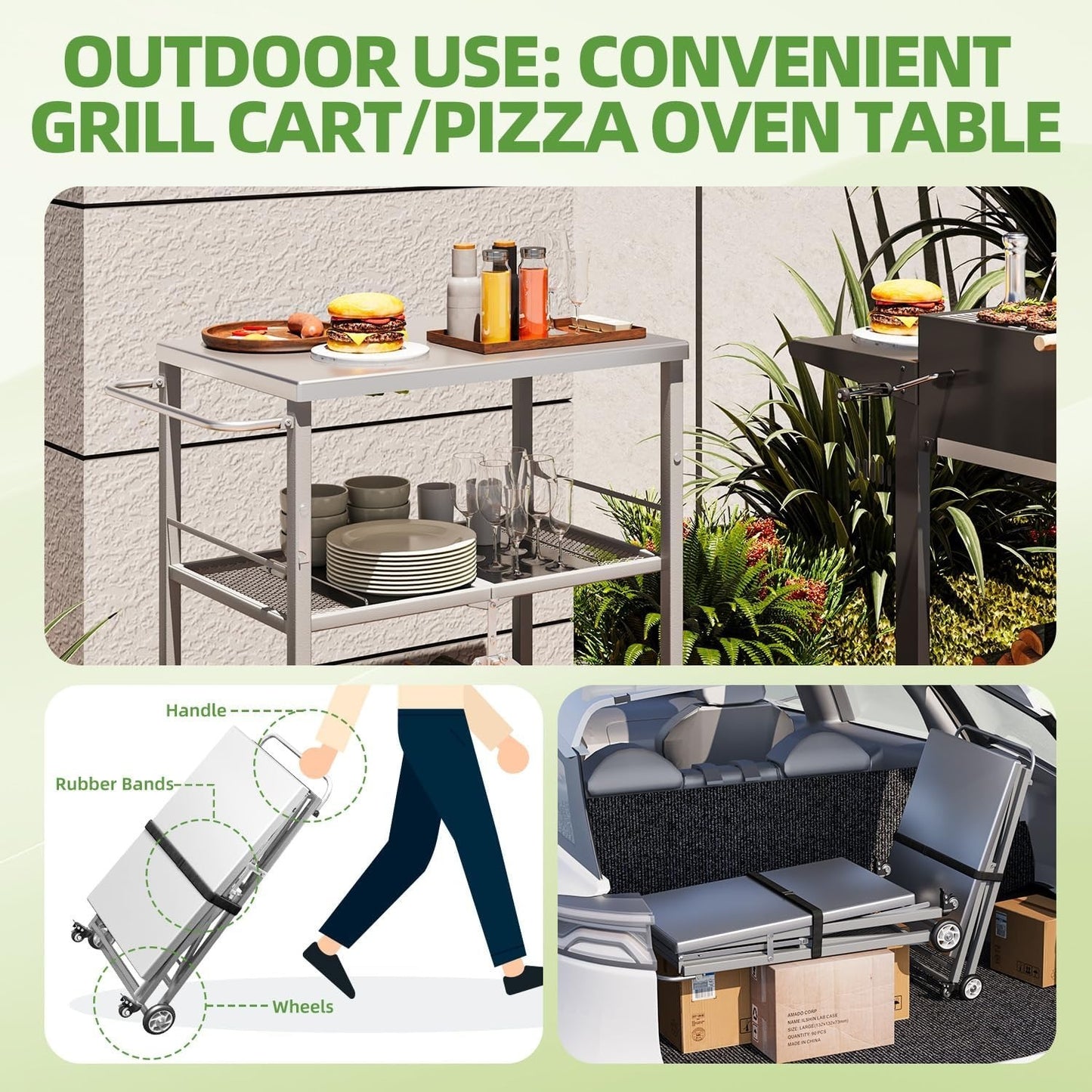 YODOLLA Foldable Stainless Steel Grill Cart Table with Wheels, Gray