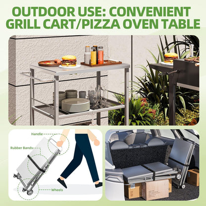 YODOLLA Foldable Stainless Steel Grill Cart Table with Wheels, Gray