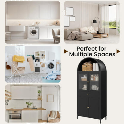 YODOLLA 73'' Kitchen Pantry, Metal Arched Storage Cabinet with Glass Doors/Adjustable Shelfs/Drawer