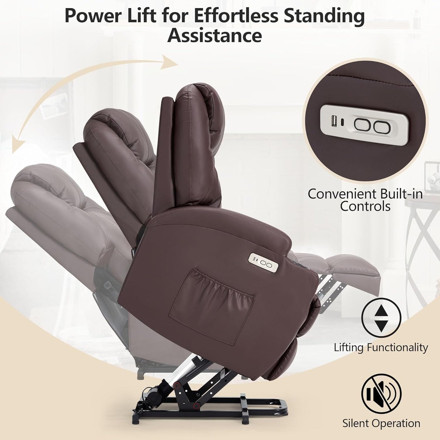 YODOLLA Power Lift Recliner Chair for Elderly with Side Pockets, PU Leather, Brown
