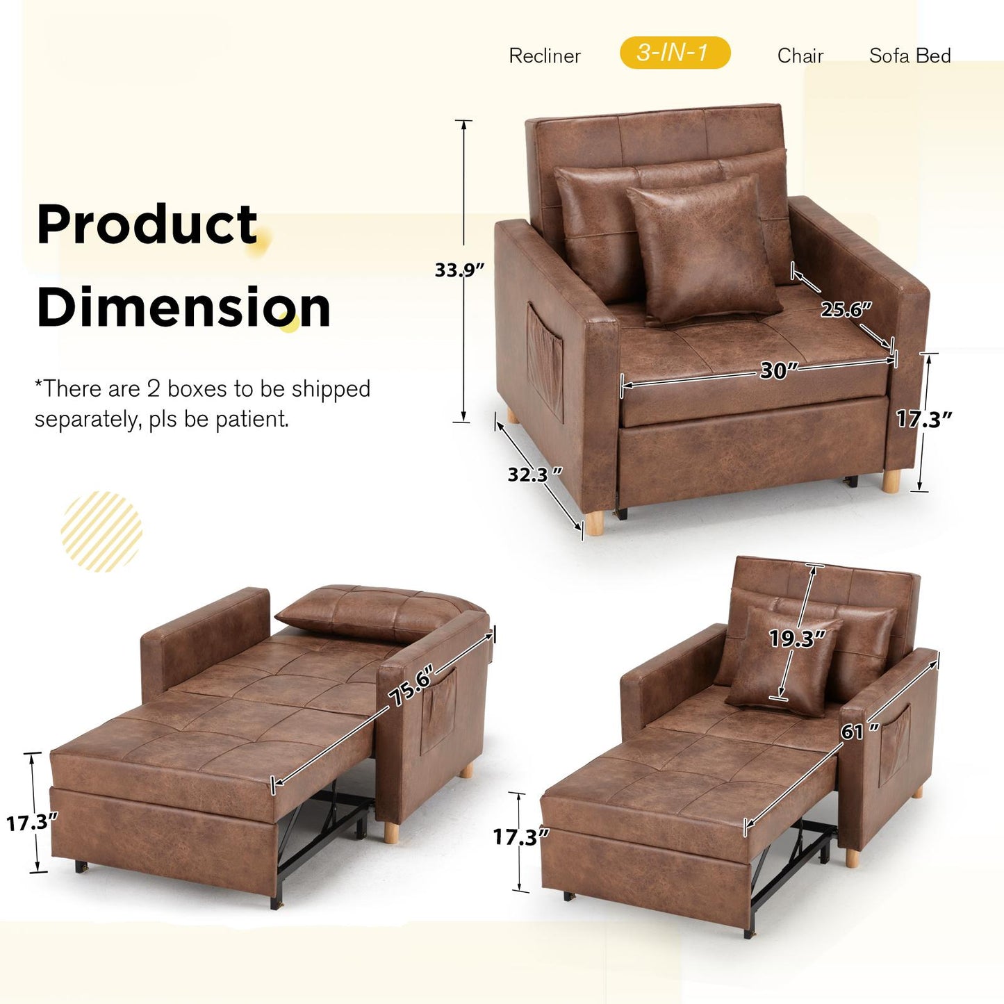 YODOLLA 36" Convertible Chair Bed, Saddle Brown