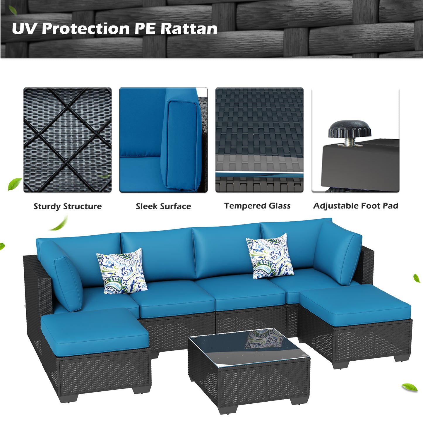 YODOLLA 7 Piece Outdoor Patio Furniture Set, Black & Peacok Blue