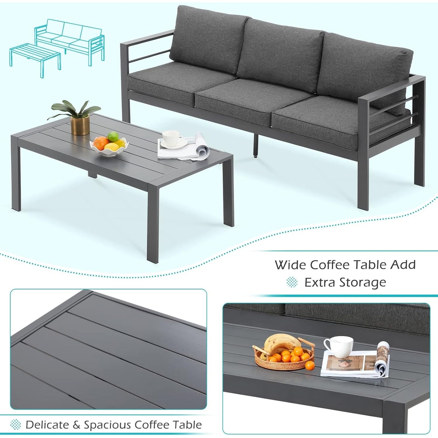 YODOLLA 7 Pieces Aluminum Patio Furniture Set, Dark Gray
