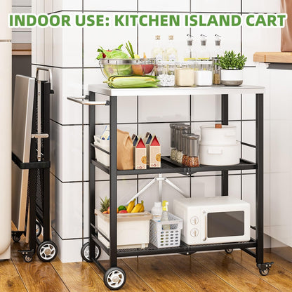 YODOLLA Foldable Stainless Steel Grill Cart Table with Wheels, Silver