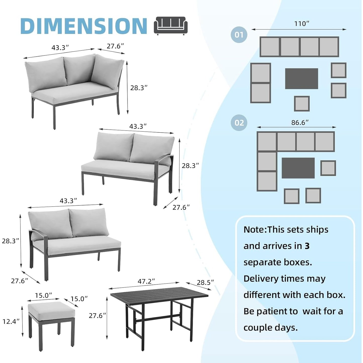 YODOLLA 7 Pieces Metal Patio Furniture Set, Light Grey