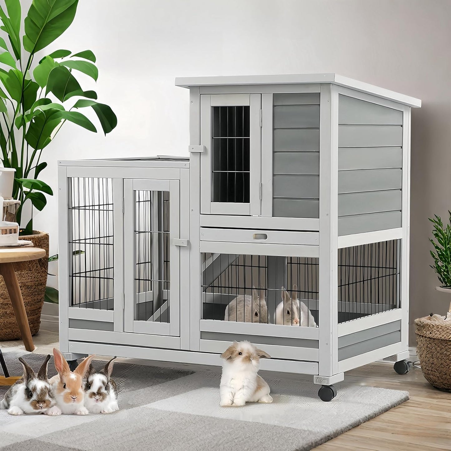 YODOLLA 37" Rabbit Cage with Wheels, Gray