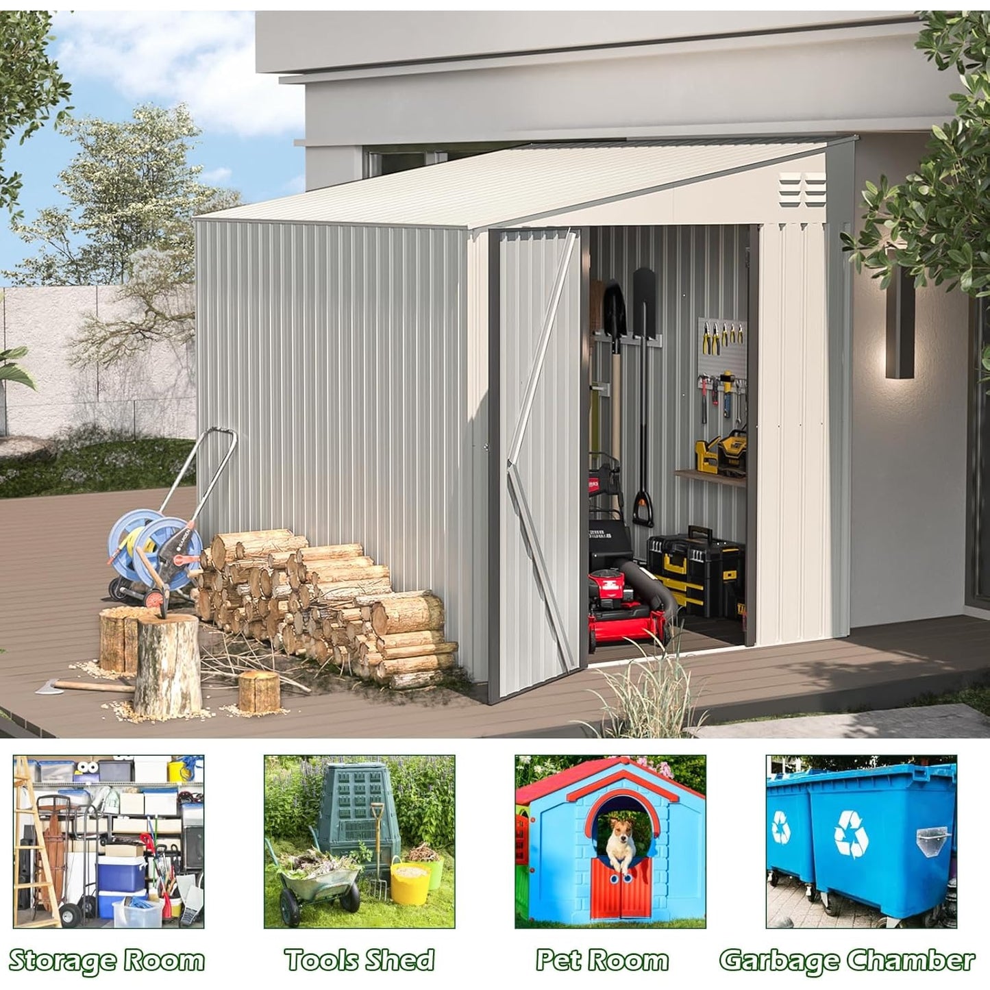 YODOLLA Outdoor 6' x 8' Metal Wall Side Lean to Storage Shed, White