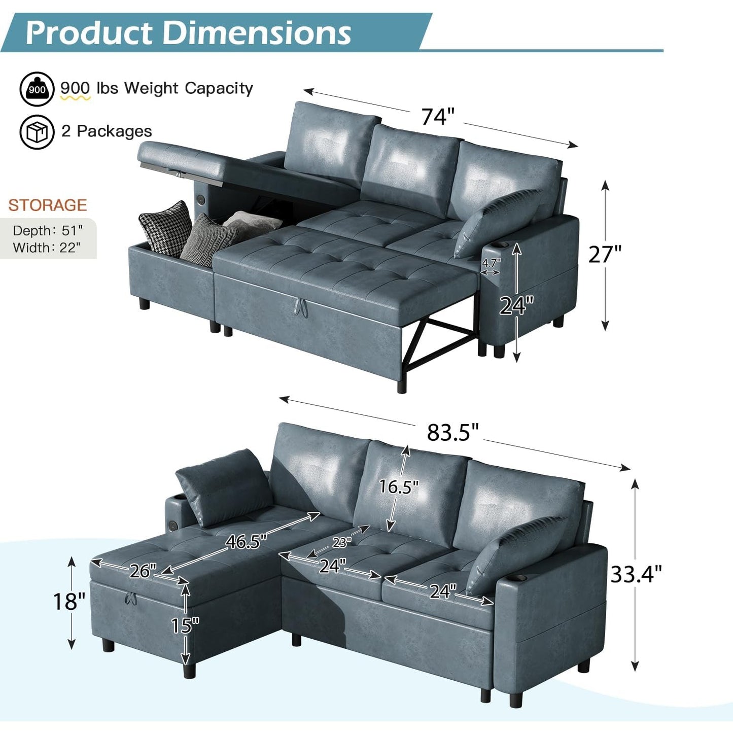 YODOLLA Faux Leather L-Shaped Sleeper Sofa, Pullout Bed, USB & Storage, Blue