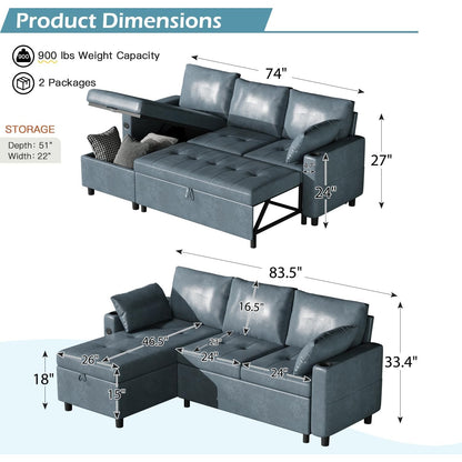 YODOLLA Faux Leather L-Shaped Sleeper Sofa, Pullout Bed, USB & Storage, Blue