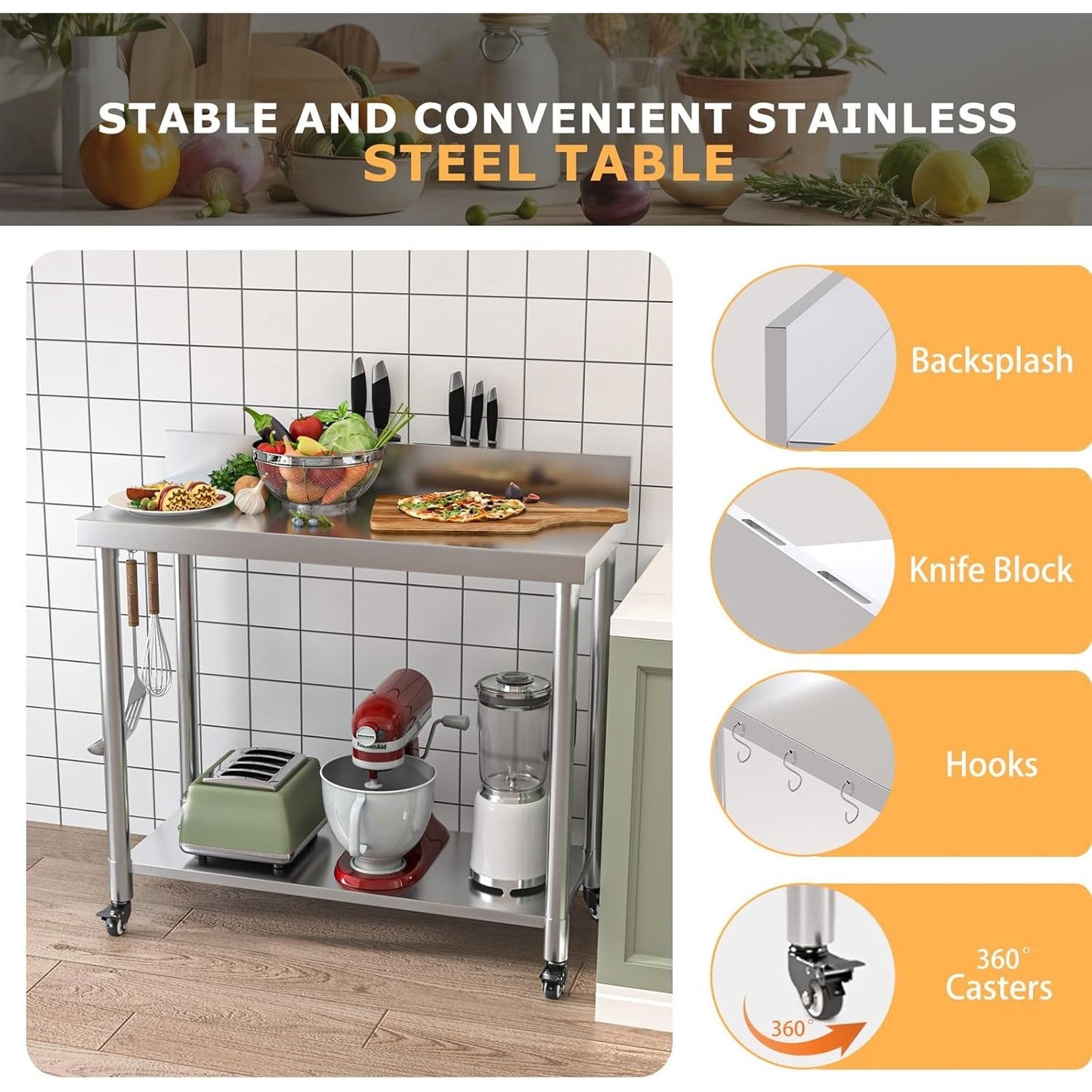 YODOLLA Stainless Steel Table with Backsplash 48"x18" Prep Tables for Commercial Kitchen