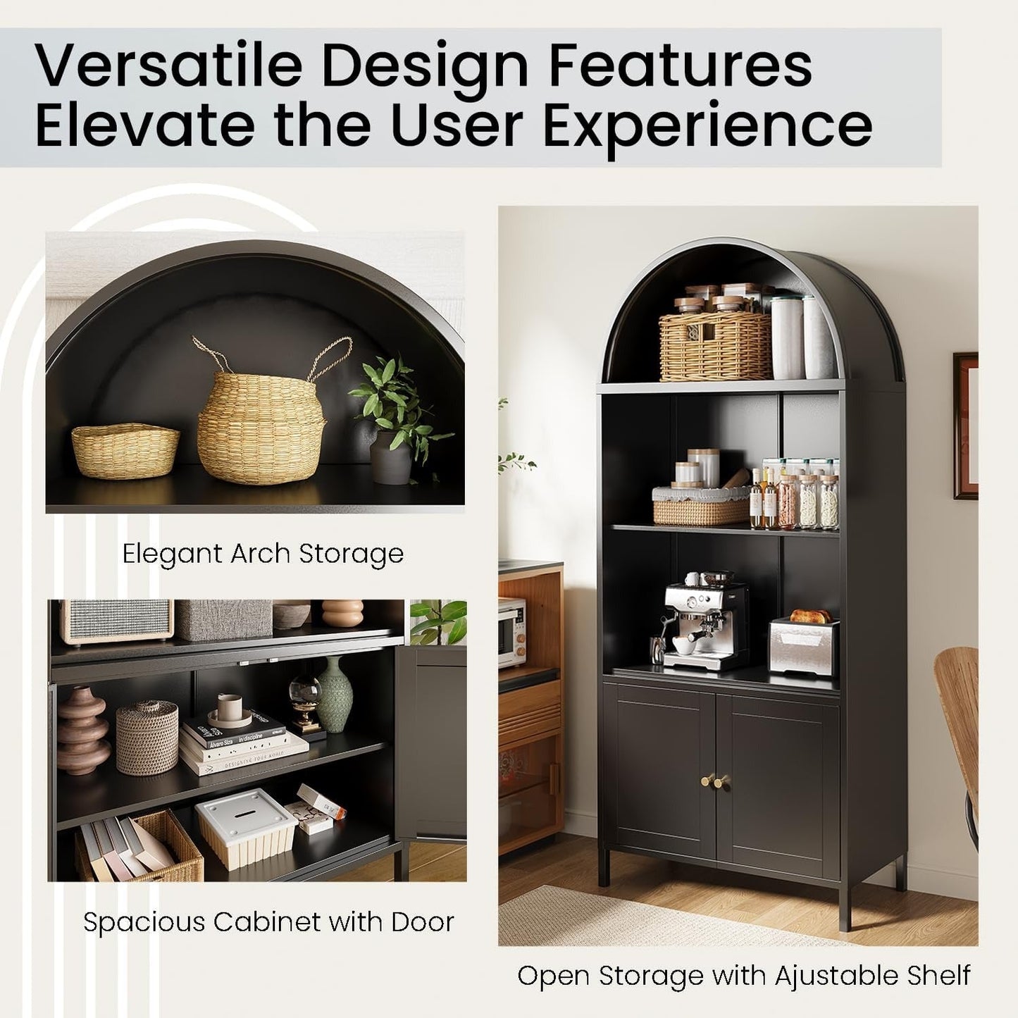 YODOLLA 73'' Arched Cabinet, Metal Kitchen Pantry with Adjustable Shelves, Modern Arched Storage Bookcase Display Cabinet