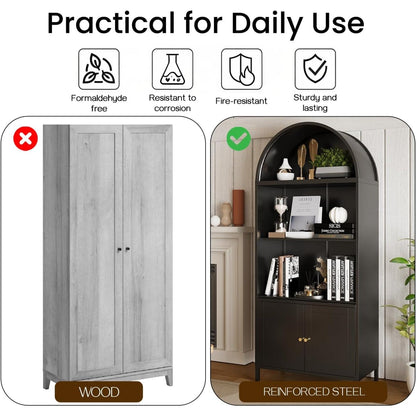 YODOLLA 73'' Arched Cabinet, Metal Kitchen Pantry with Adjustable Shelves, Modern Arched Storage Bookcase Display Cabinet