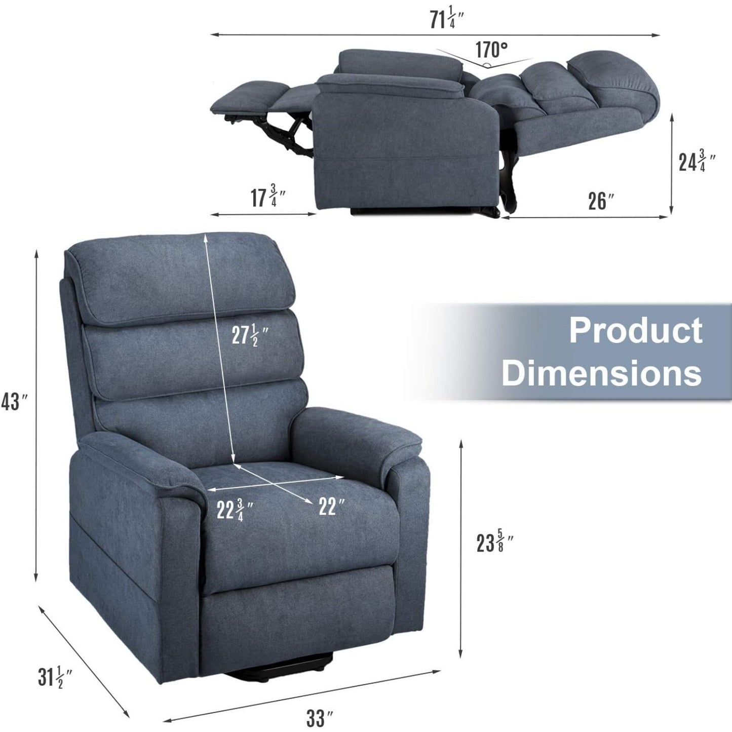 YODOLLA Electric Dual Motor Power Recliner Lift Chair for Elderly, Textile, Blue