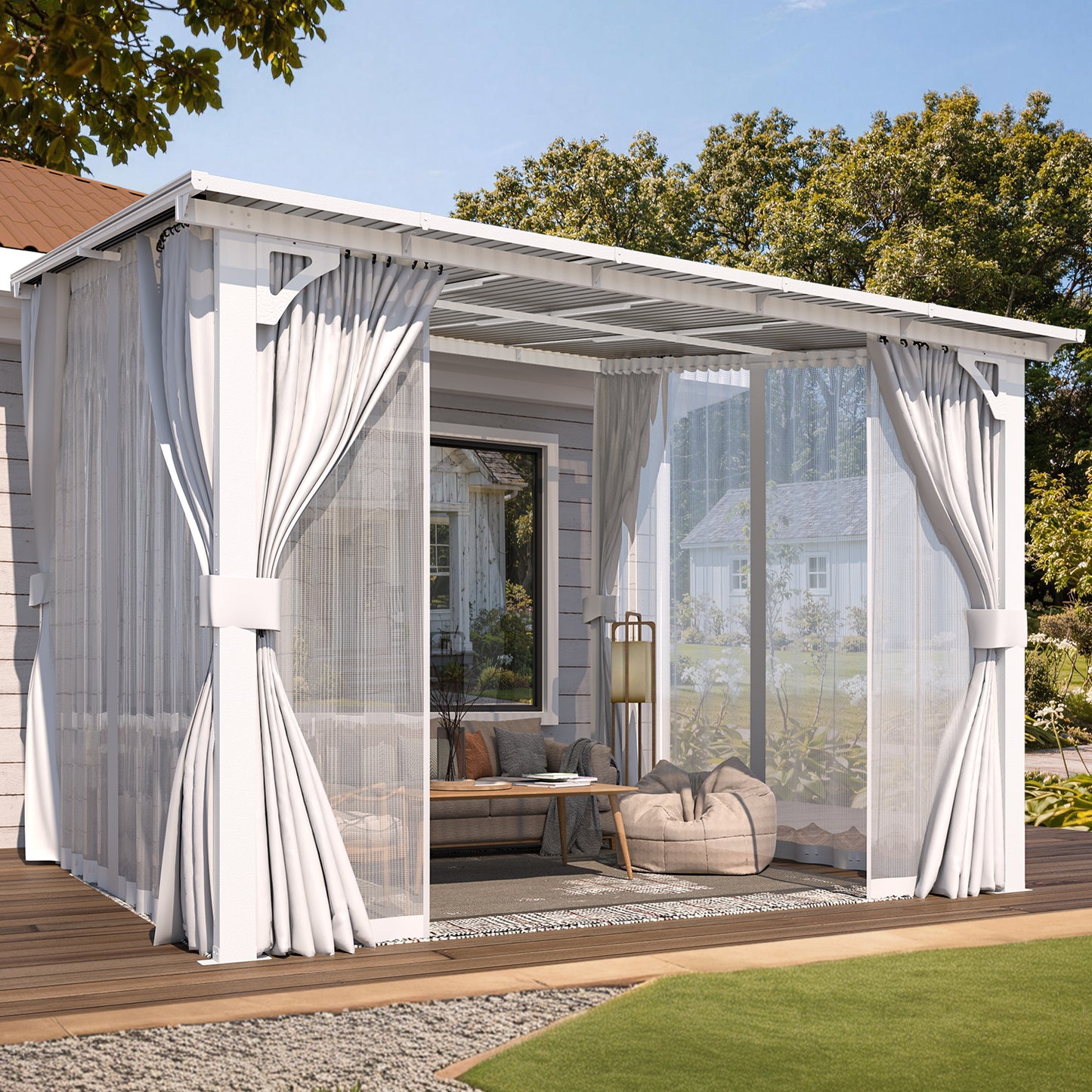 YODOLLA 10'x10' Outdoor Lean to Gazebo Pergola with Curtain and Netting for Patio, White