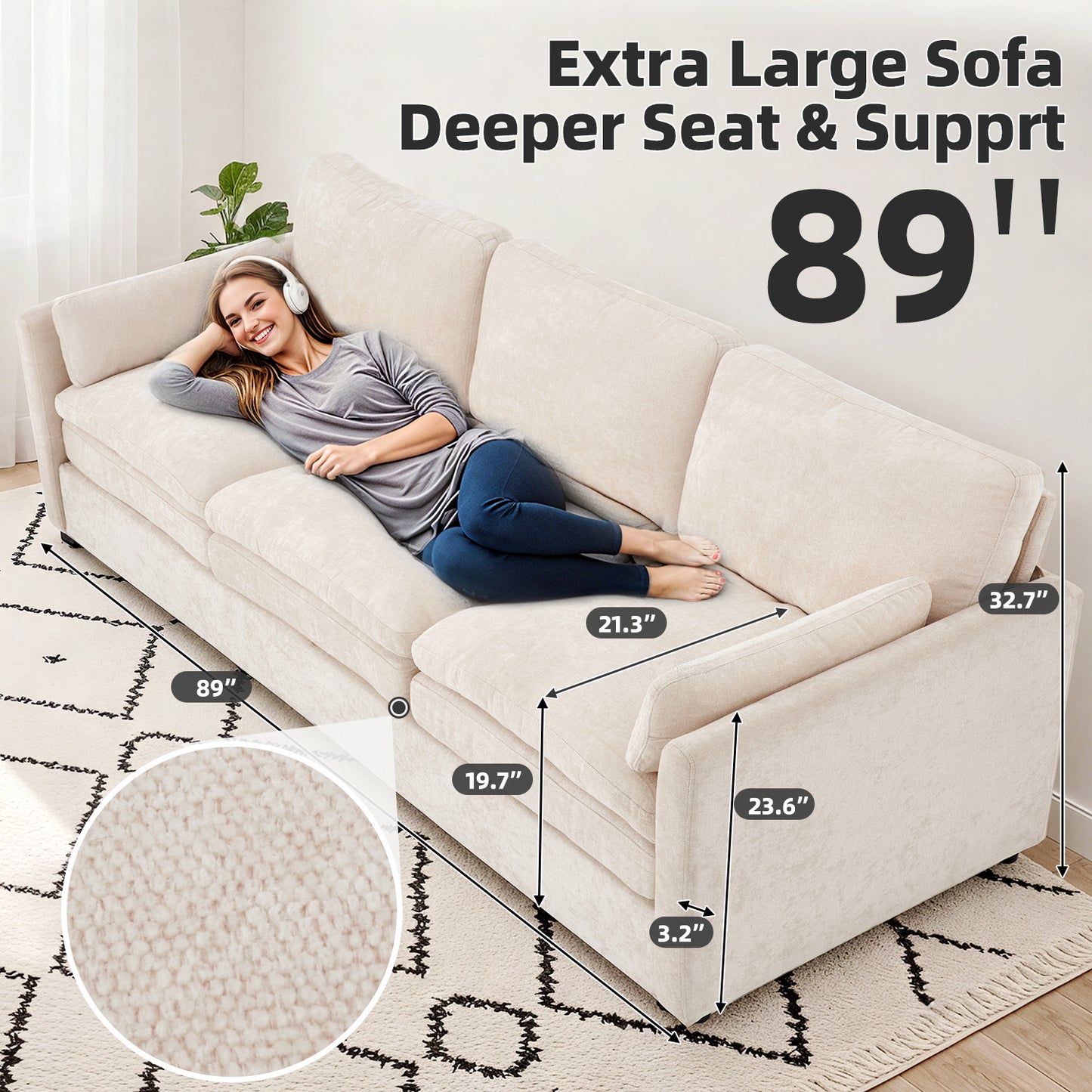 YODOLLA 89" Chenille Sofa, 3-Seater, 2 Removable Pillows, Cream White