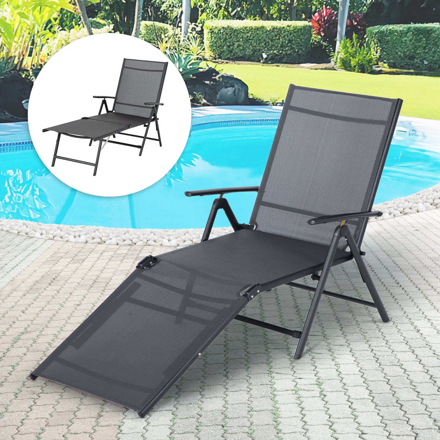 YODOLLA 7 Back & 2 Leg Adjustable Outdoor Chaise Lounge Chair Set of 2, Grey