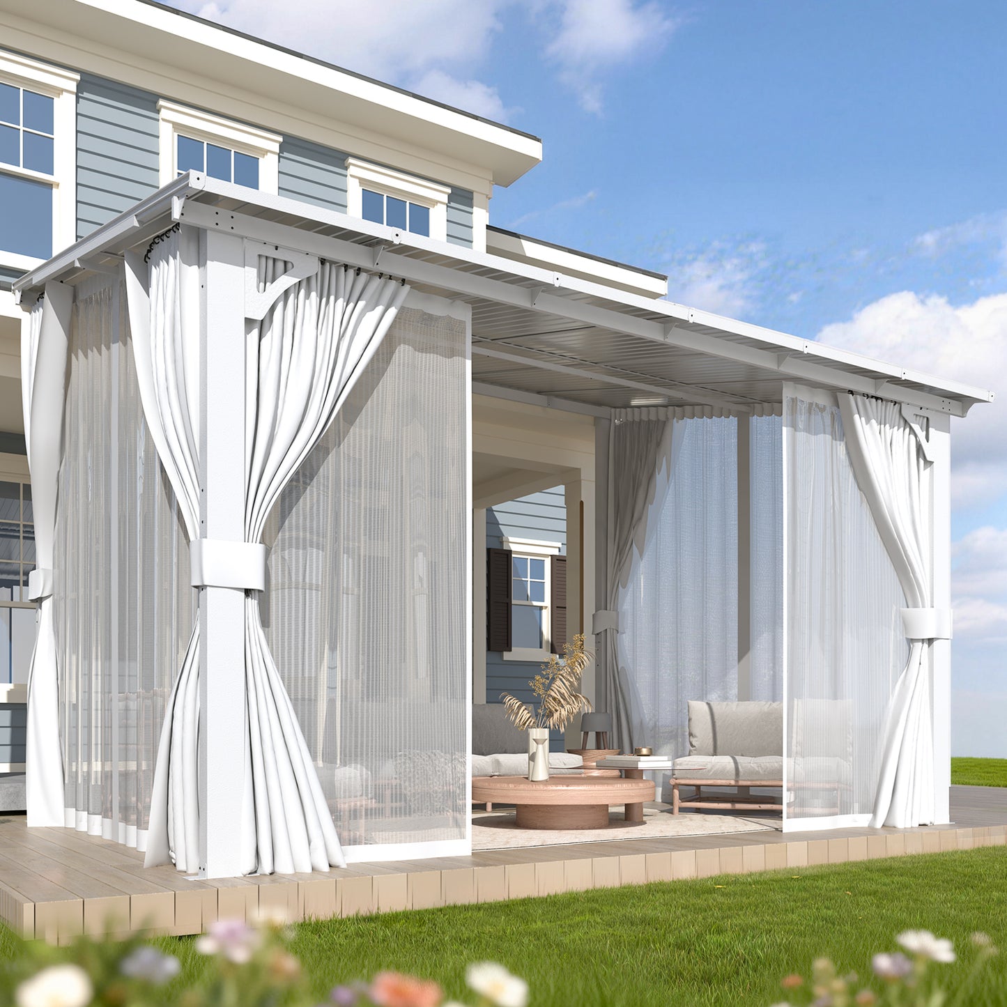 YODOLLA 12'x8' Outdoor Lean to Gazebo Pergola with Curtain and Netting for Patio, White