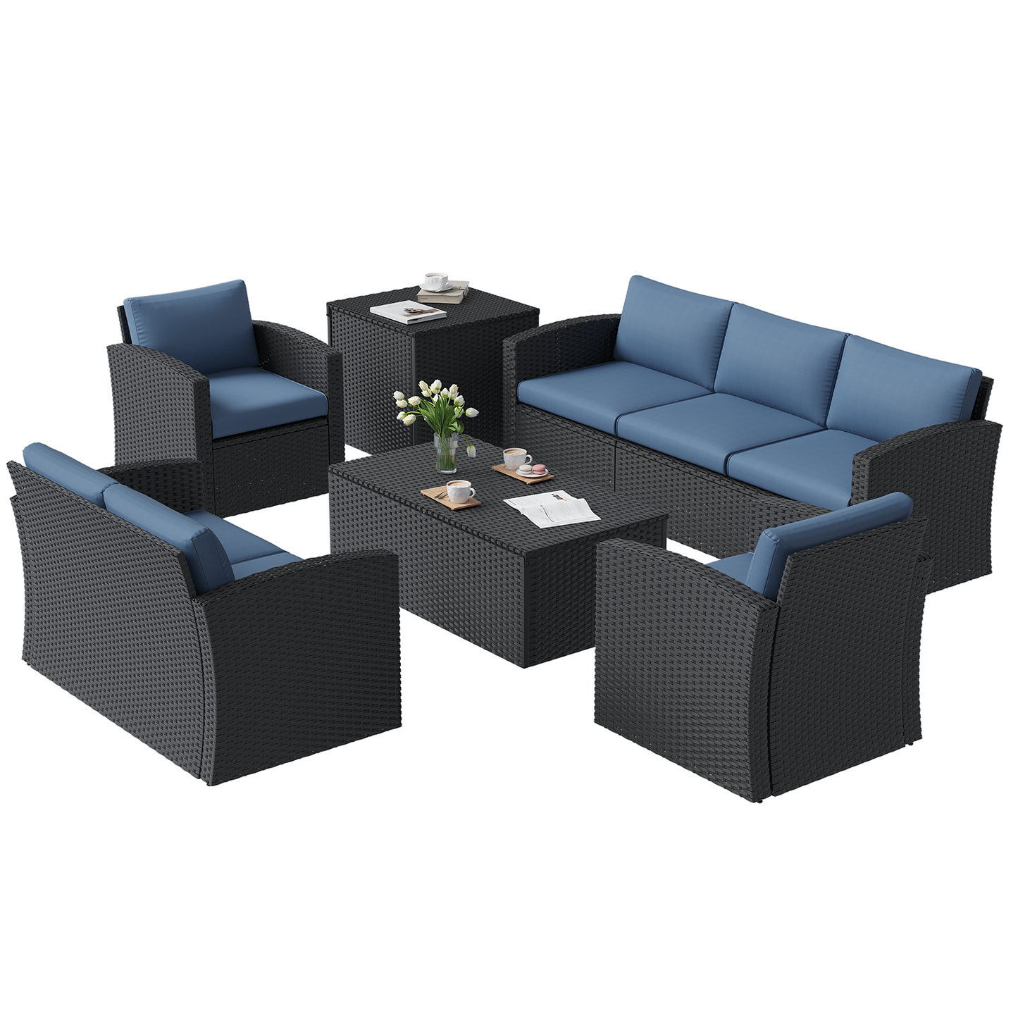 YODOLLA 7 PCS Outdoor Patio Furniture Sets with 2 Storage Boxes, Black & Dark Blue