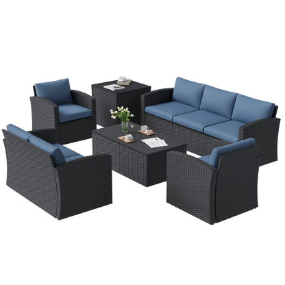 YODOLLA 7 PCS Outdoor Patio Furniture Sets with 2 Storage Boxes, Black & Dark Blue