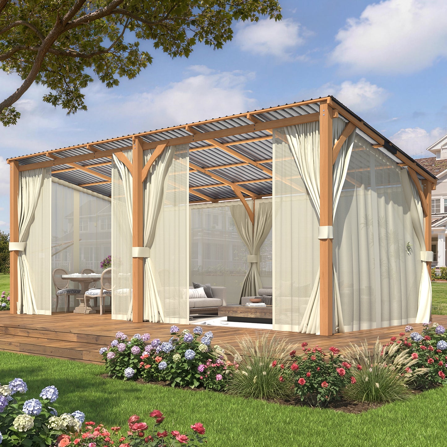 YODOLLA 20x10 Outdoor Wooden Pergola Gazebo with Curtains and Netting for Patio