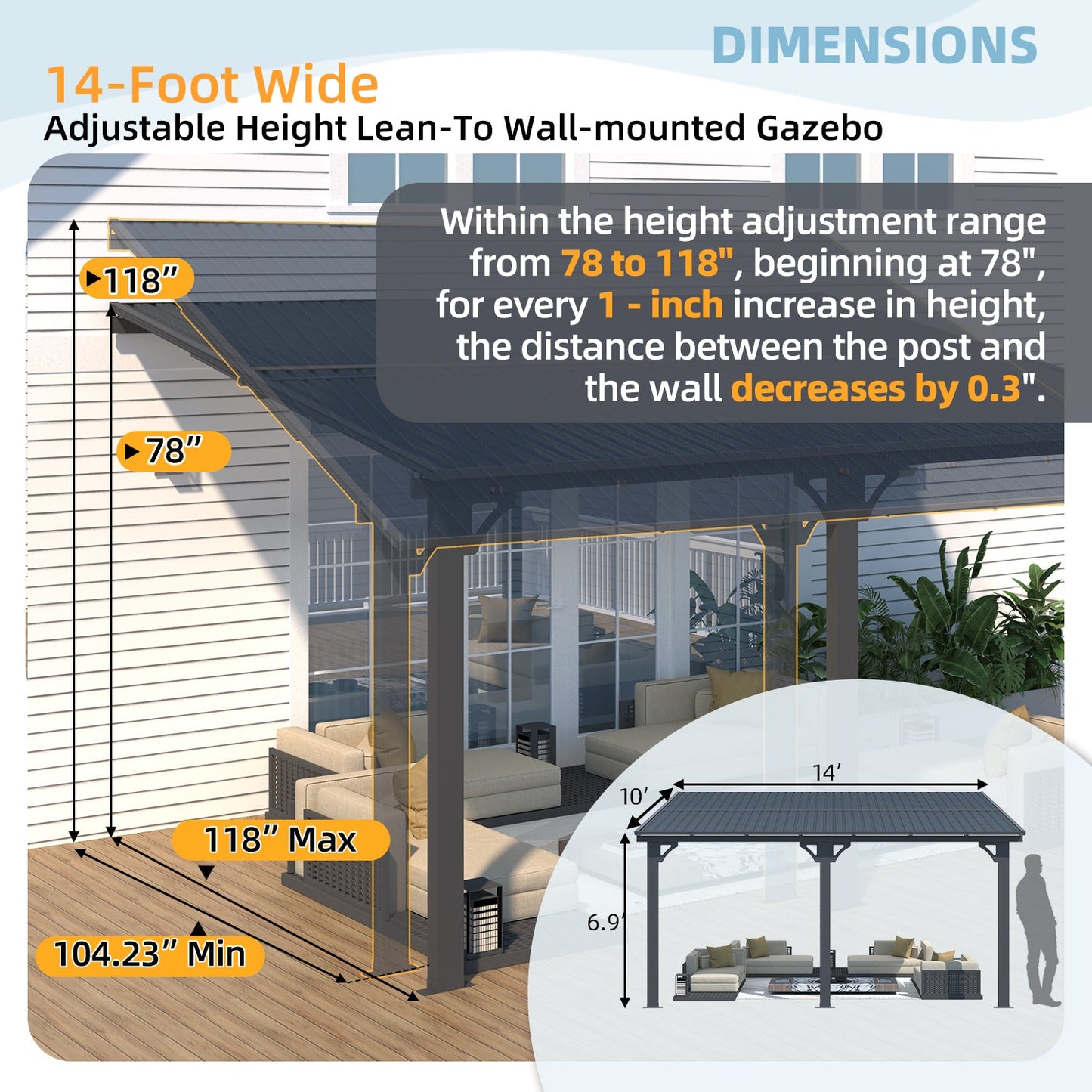YODOLLA 10x14 Outdoor Hardtop Gazebo Adjustable Height (6.5-9.8Ft) Pergola