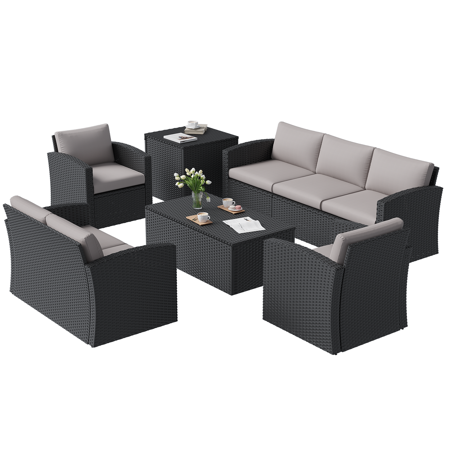 YODOLLA 7 PCS Outdoor Patio Furniture Sets with 2 Storage Boxes, Black & Grey