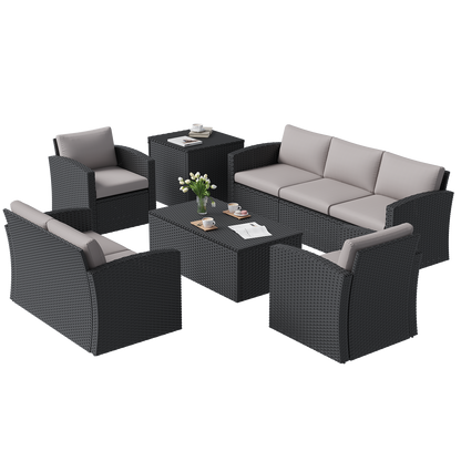YODOLLA 7 PCS Outdoor Patio Furniture Sets with 2 Storage Boxes, Black & Grey