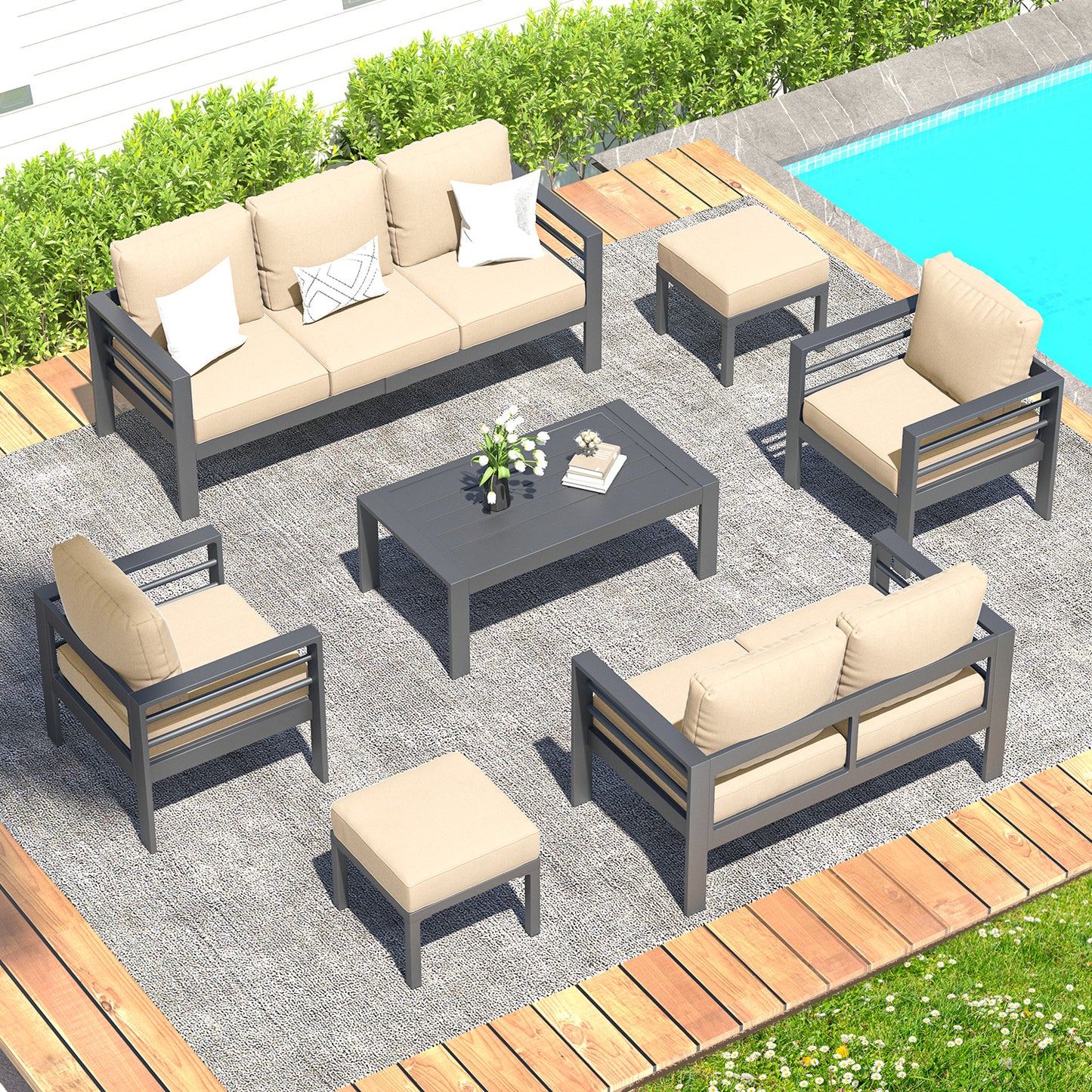 YODOLLA 7-Piece Patio Set, Beige Cushions