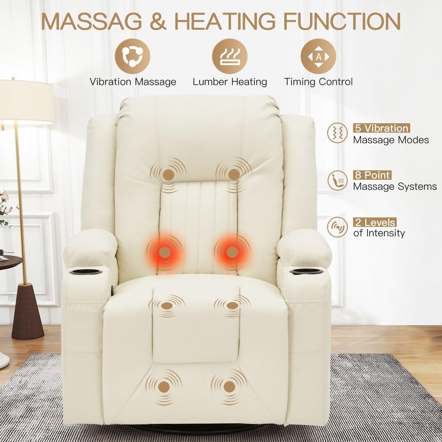 YODOLLA Recliner Chair with Heat&Massage, PU Leather Cream White