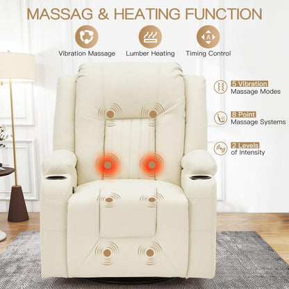 YODOLLA Recliner Chair with Heat&Massage, PU Leather Cream White